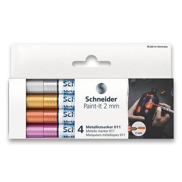 Sada metalických popisovačů Schneider 4ks, hrot 2mm: Růžová, bronzová, zlatá, stříbrná