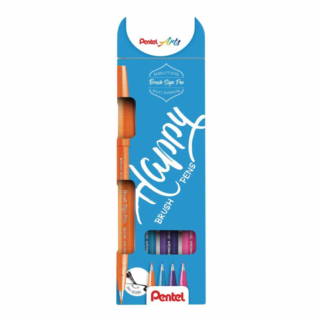 Různé sady popisovačů Pentel Brush Sign Pen 4ks: Happy